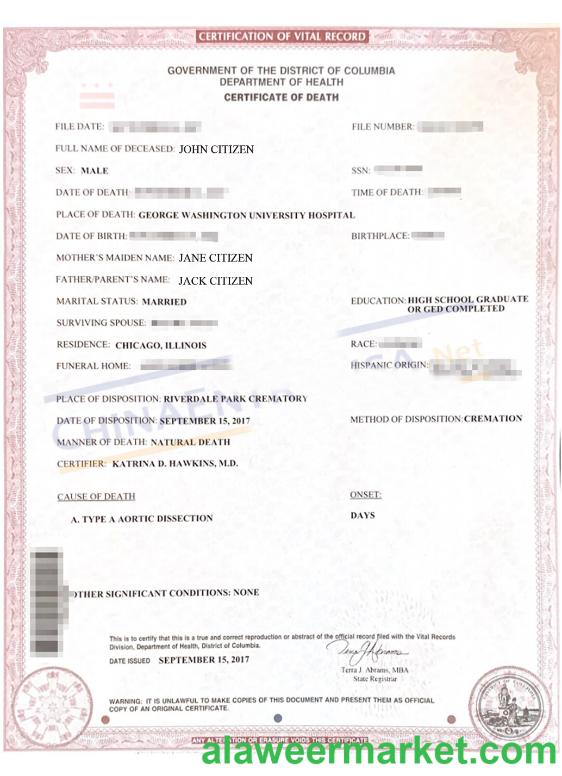 Columbia certificate of death